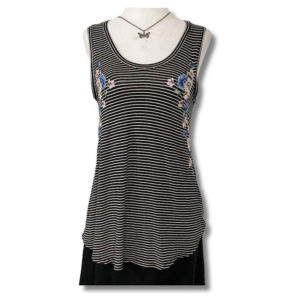 AMERICAN EAGLE Black and white striped floral embroidery tank top ~ XS SMALL tee